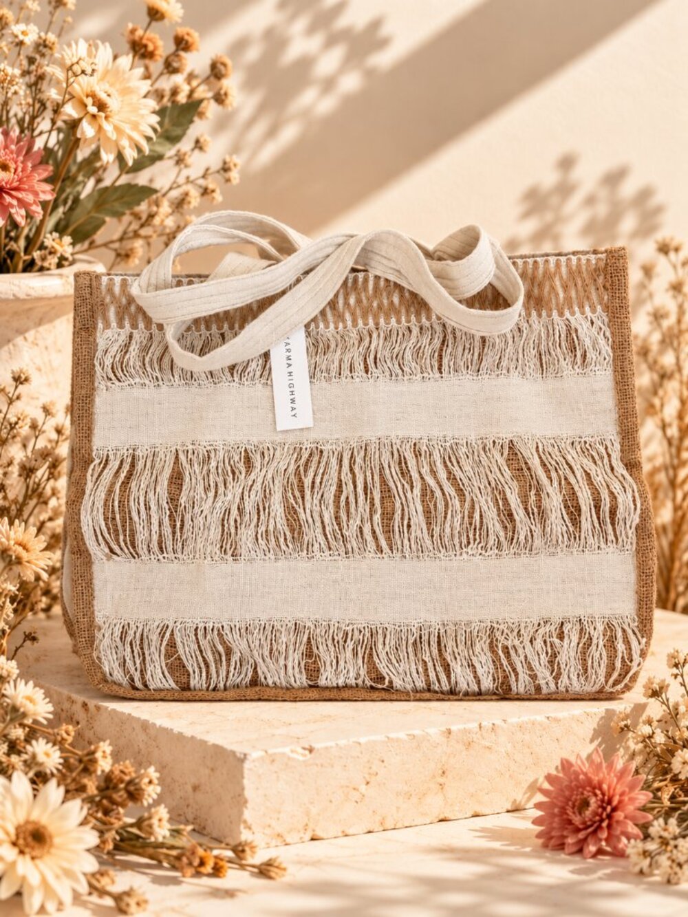 Karma Highway NWT Coastal Boho Macramé Jute Fringe Beach Tote Bag Cream